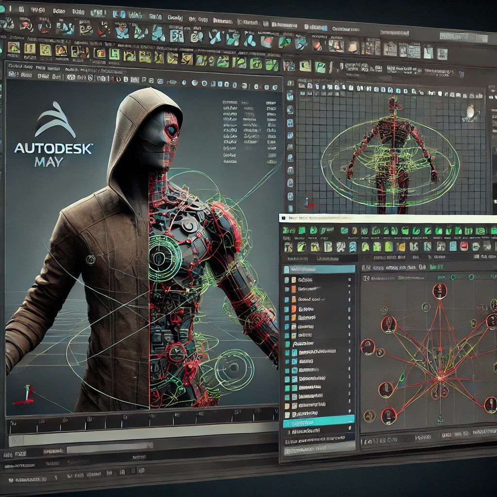 Autodesk Maya interface featuring advanced 3D character rigging and animation tools.