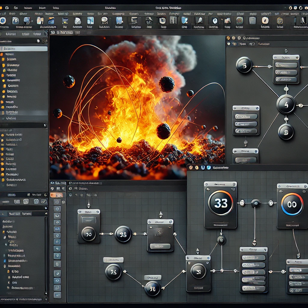 Houdini software interface showing complex simulations and visual effects tools