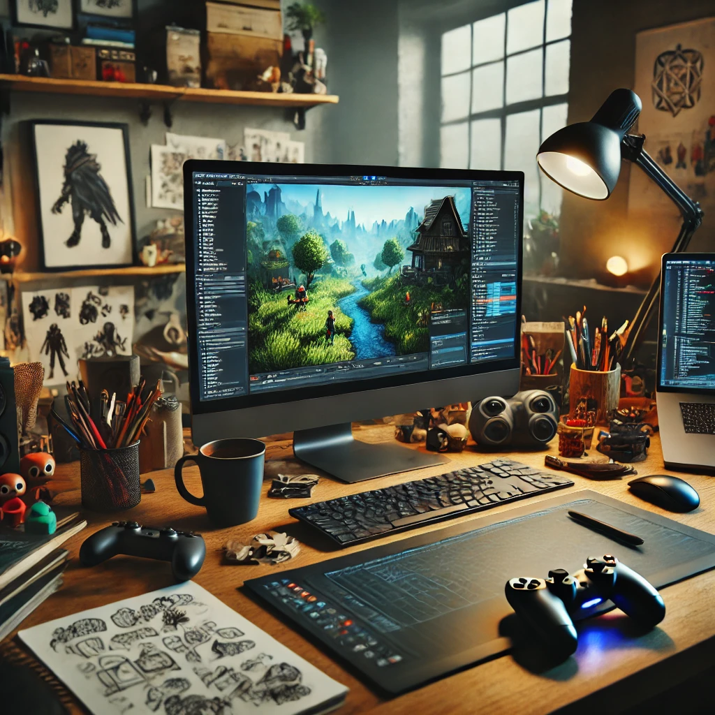 Game developer’s desk with 3D game environment on screen, sketches, coding notes, and game controllers.