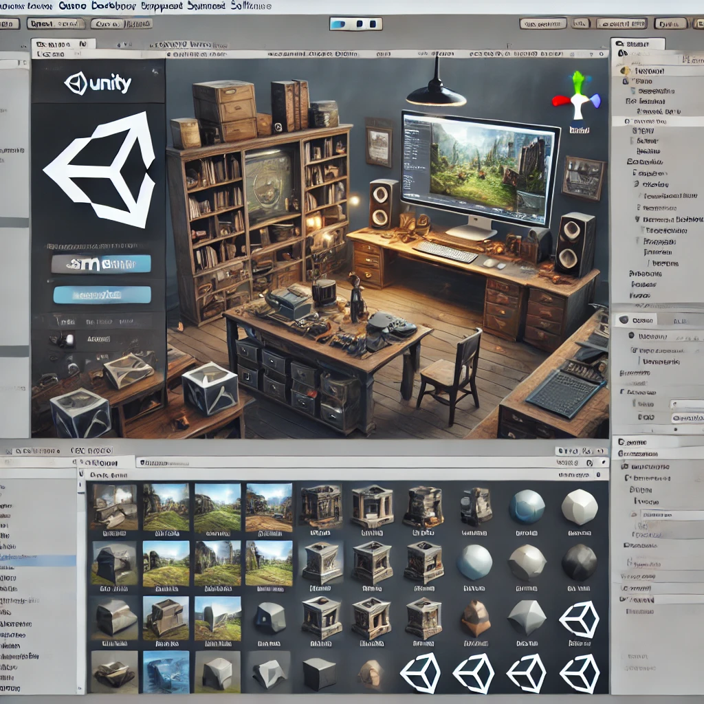 Unity-like 3D game development interface showing assets panel and sample projects.