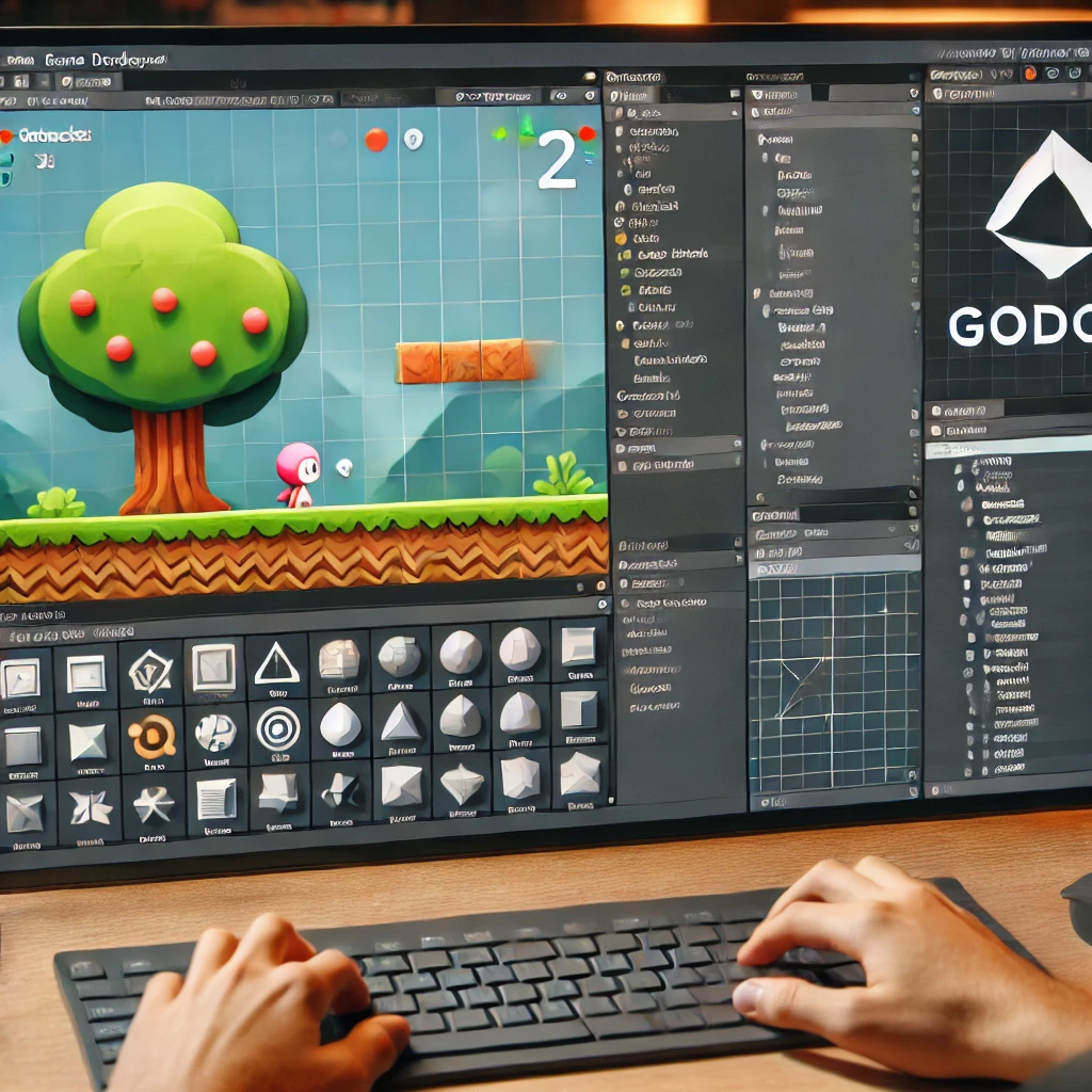 Godot 2D game development interface with a grid layout and tools for a simple project.