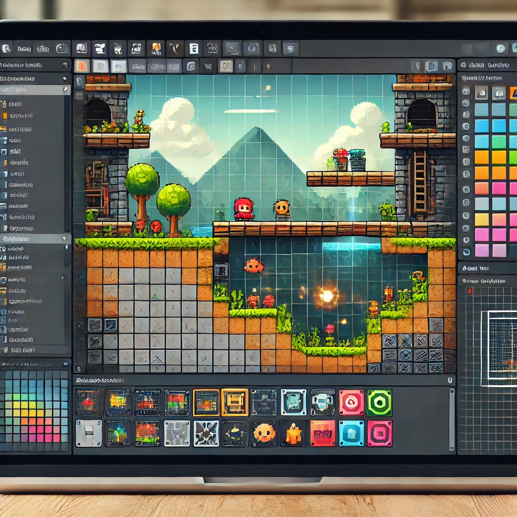 GameMaker interface featuring a 2D game level design with tools and asset library.